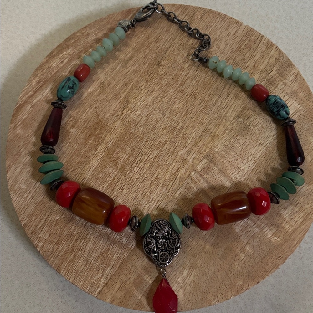 Chico's Red, Green & Amber Beaded Pendant Necklace